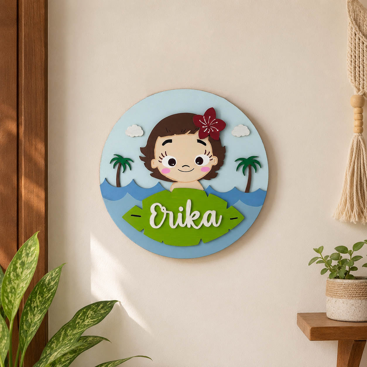 Disney Princess Moana Themed Hand-Painted Wooden Round Kids Name Plate - Design 1