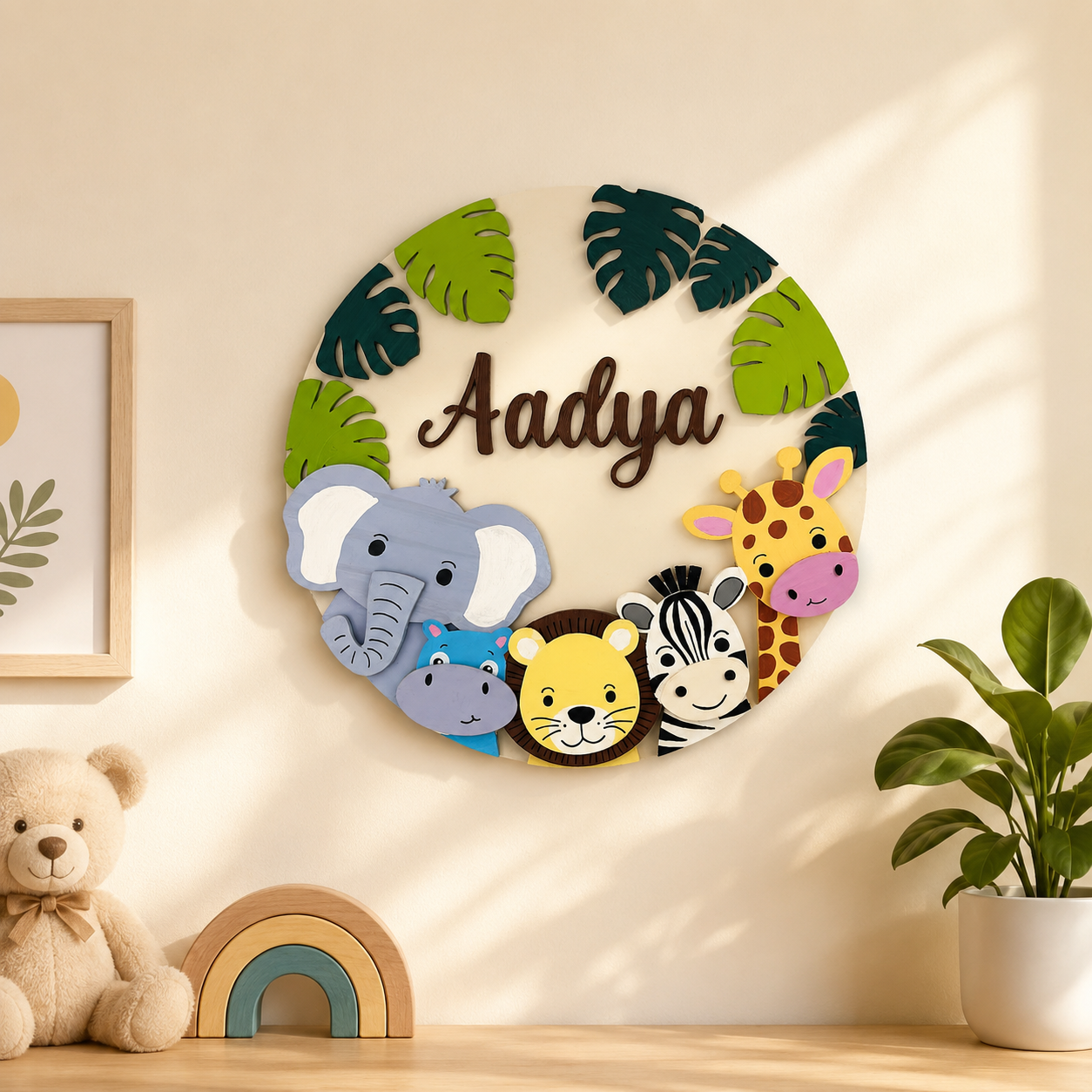Animal Themed Hand-Painted Wooden Round Kids Name Plate - Design 6