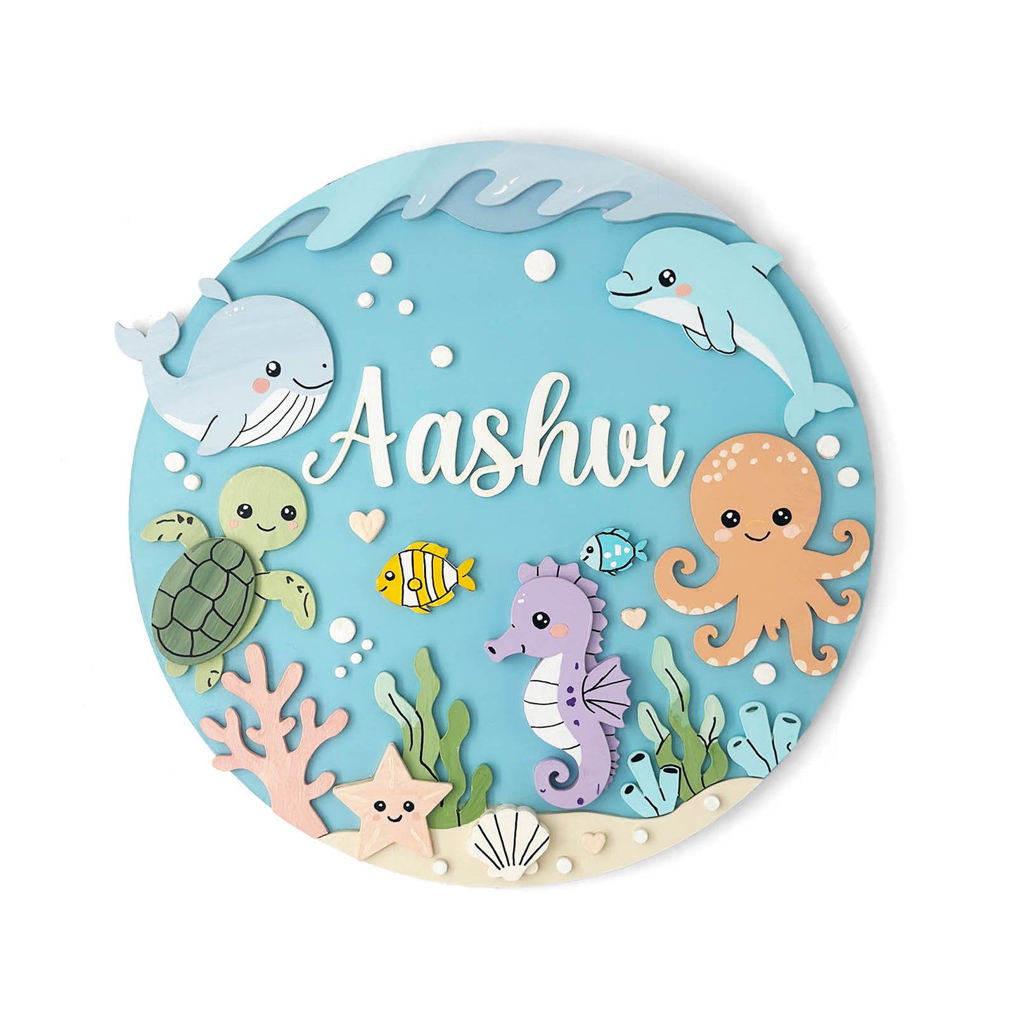 Ocean Themed Hand-Painted Wooden Round Kids Name Plate - Design 1