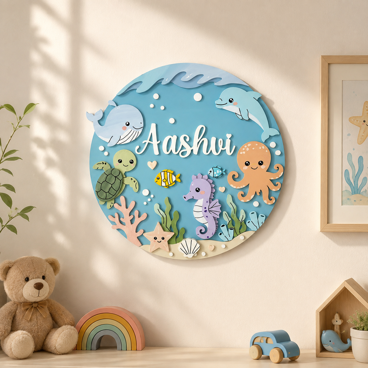 Ocean Themed Hand-Painted Wooden Round Kids Name Plate - Design 1