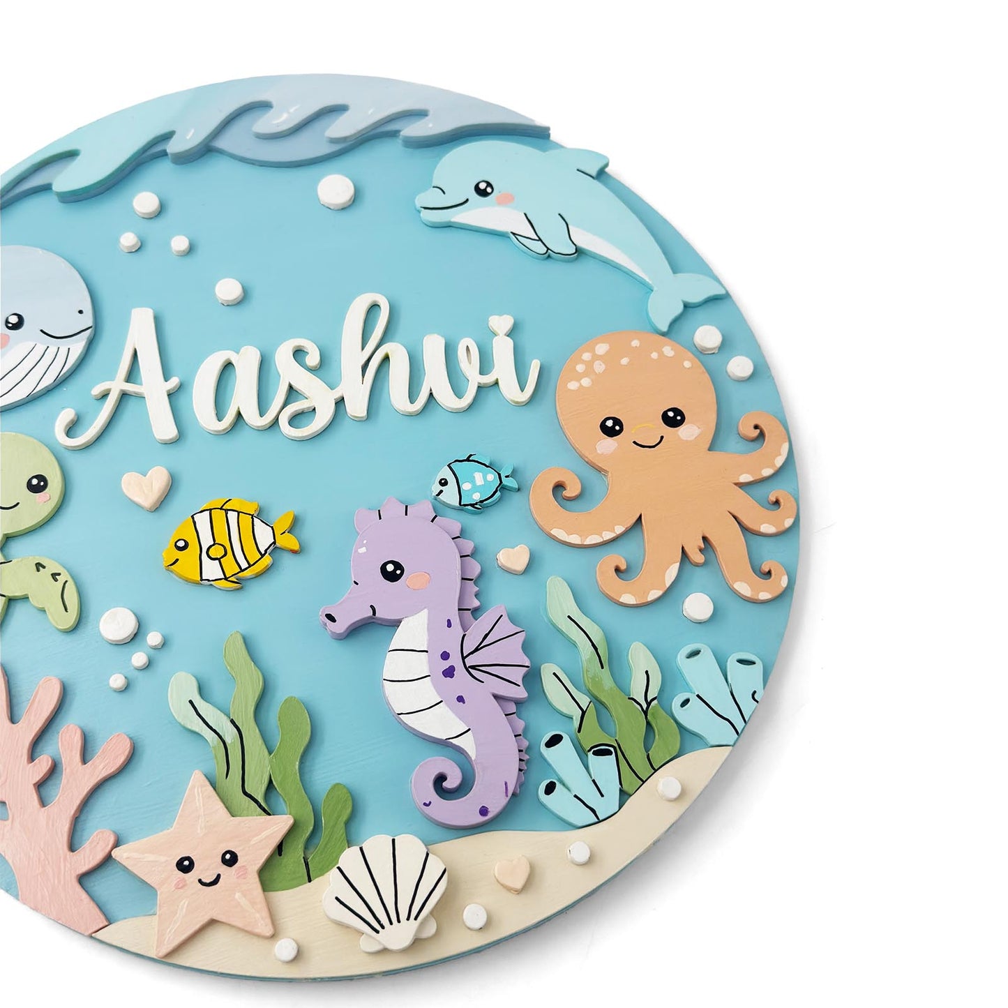 Ocean Themed Hand-Painted Wooden Round Kids Name Plate - Design 1