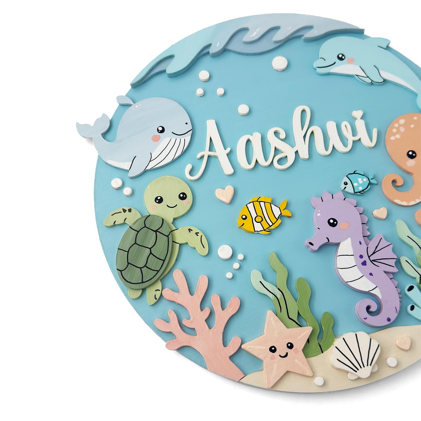 Ocean Themed Hand-Painted Wooden Round Kids Name Plate - Design 1