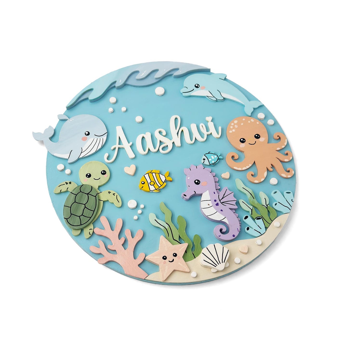 Ocean Themed Hand-Painted Wooden Round Kids Name Plate - Design 1