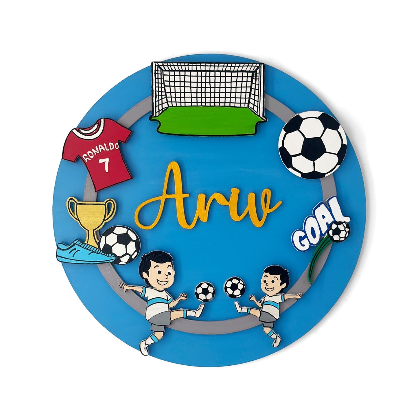 Football Themed Hand-Painted Wooden Round Kids Name Plate - Design 2