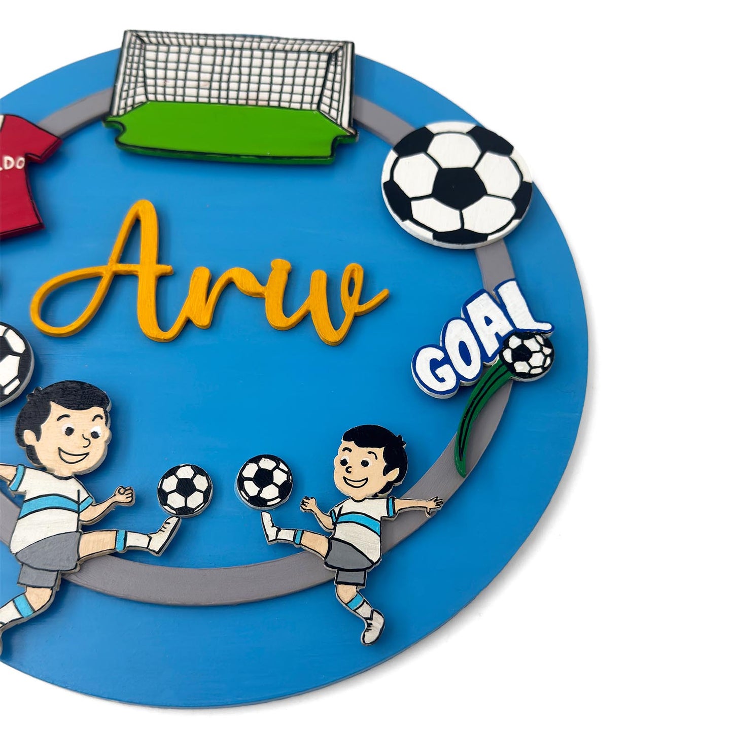 Football Themed Hand-Painted Wooden Round Kids Name Plate - Design 2