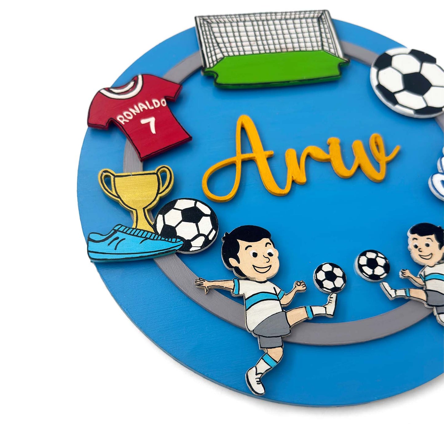 Football Themed Hand-Painted Wooden Round Kids Name Plate - Design 2