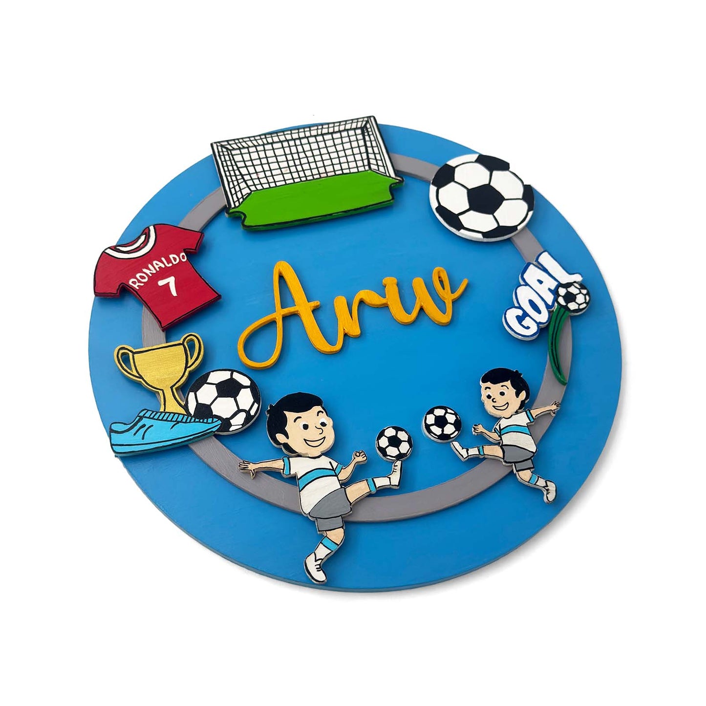 Football Themed Hand-Painted Wooden Round Kids Name Plate - Design 2