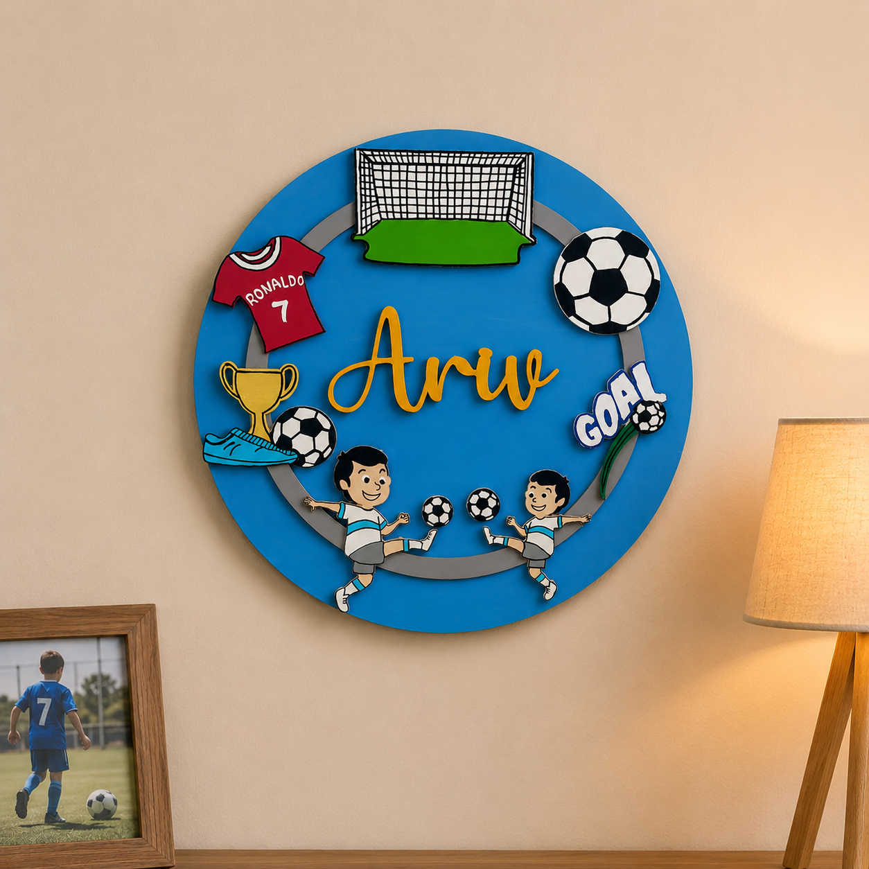 Football Themed Hand-Painted Wooden Round Kids Name Plate - Design 2