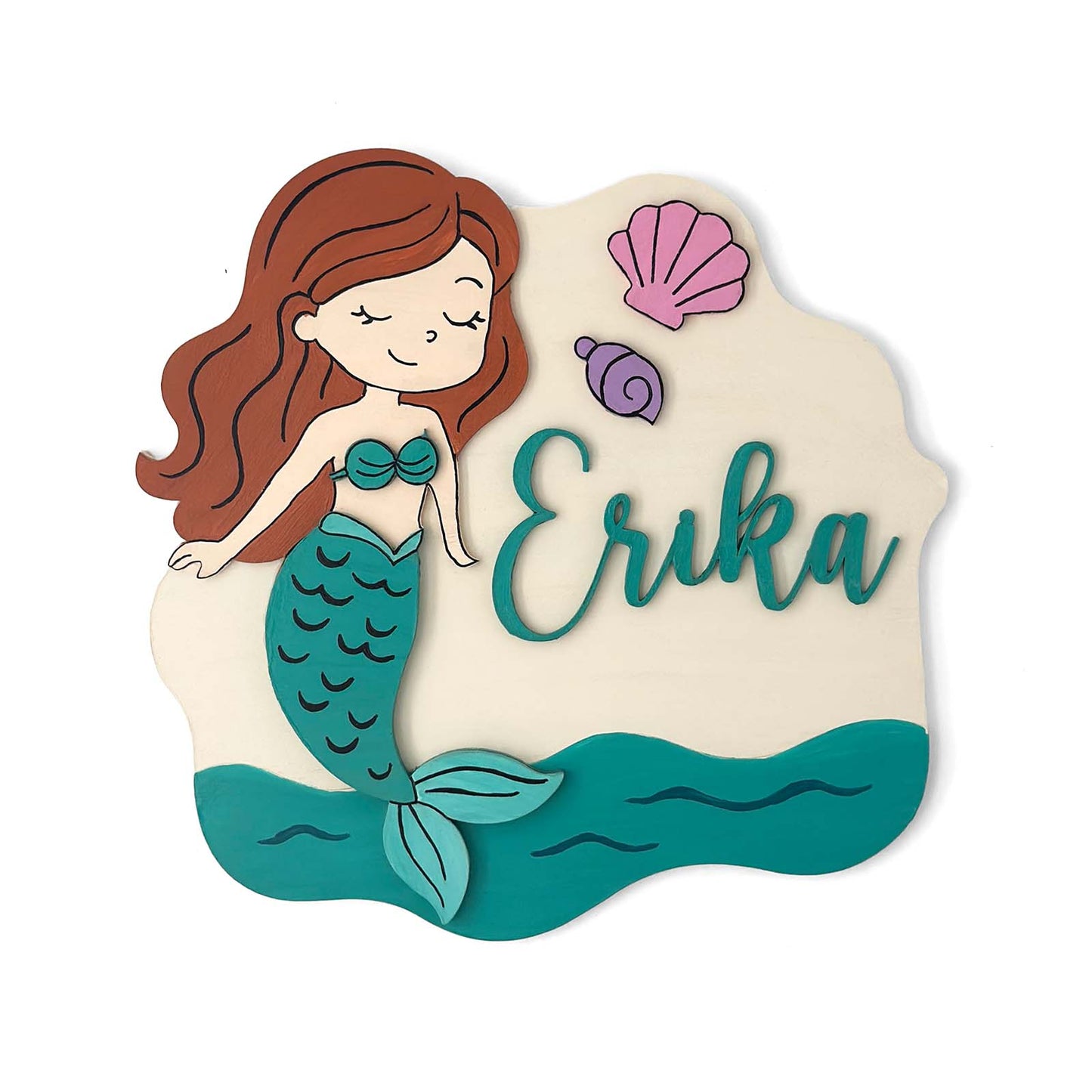 Mermaid Themed Hand-Painted Wooden Kids Name Plate - Design 1