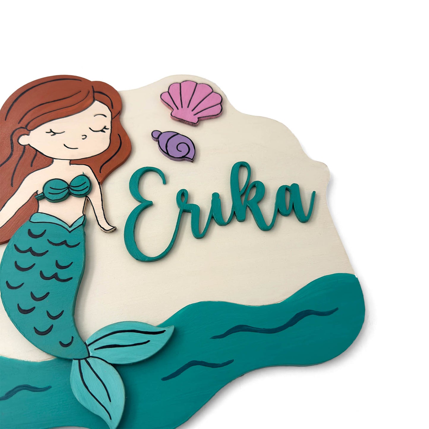 Mermaid Themed Hand-Painted Wooden Kids Name Plate - Design 1