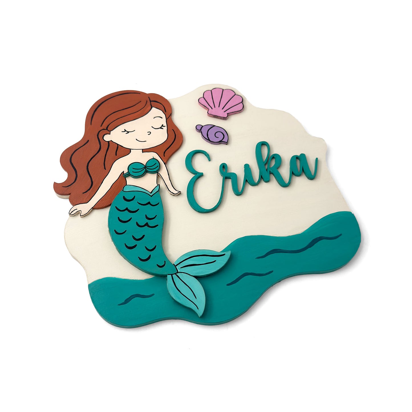 Mermaid Themed Hand-Painted Wooden Kids Name Plate - Design 1