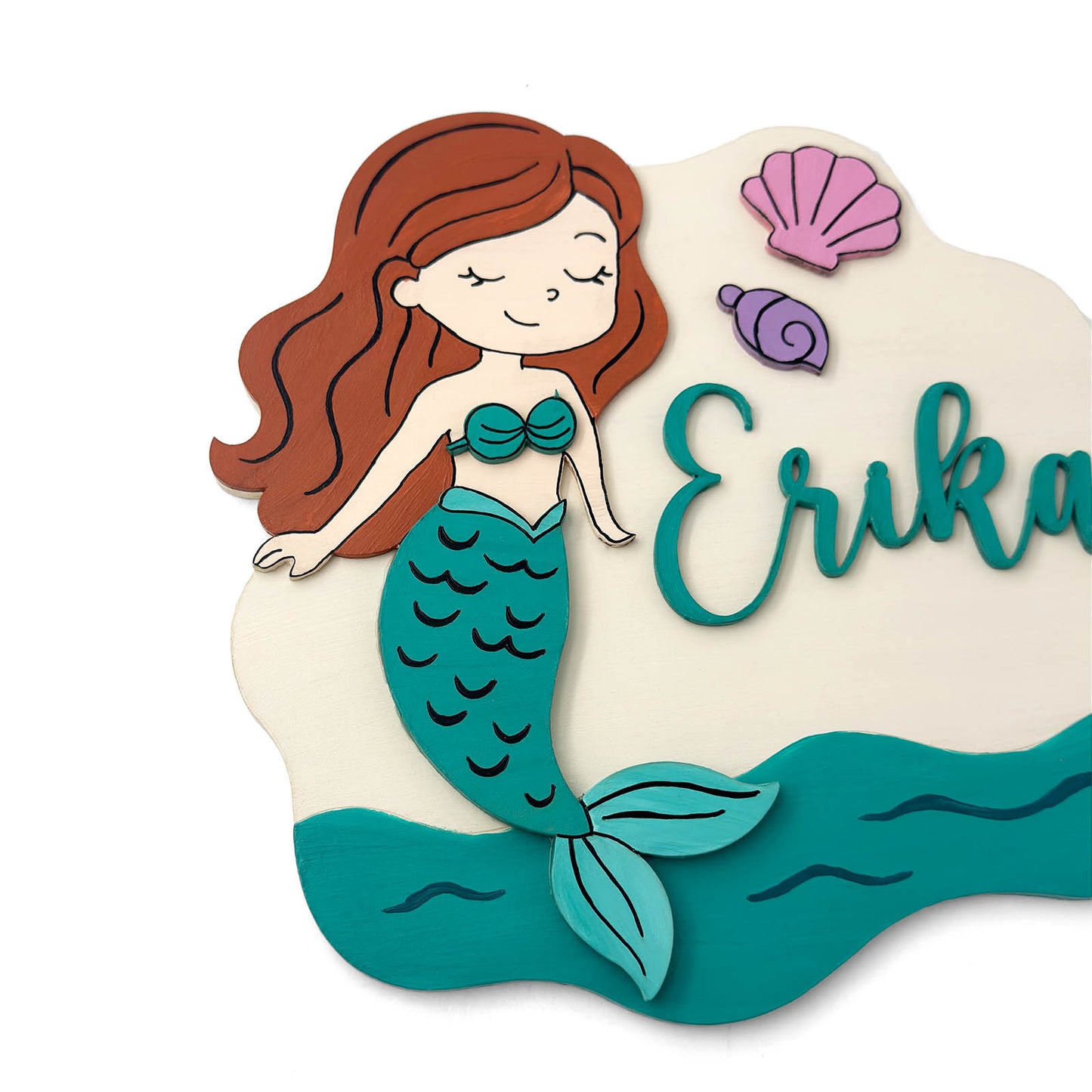 Mermaid Themed Hand-Painted Wooden Kids Name Plate - Design 1