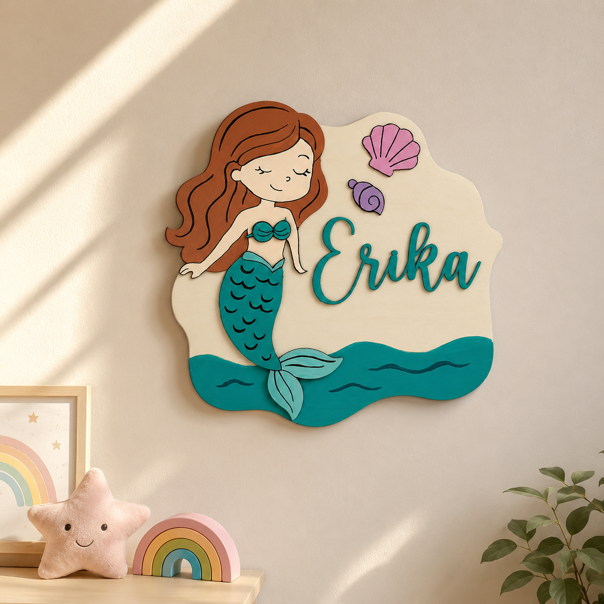Mermaid Themed Hand-Painted Wooden Kids Name Plate - Design 1