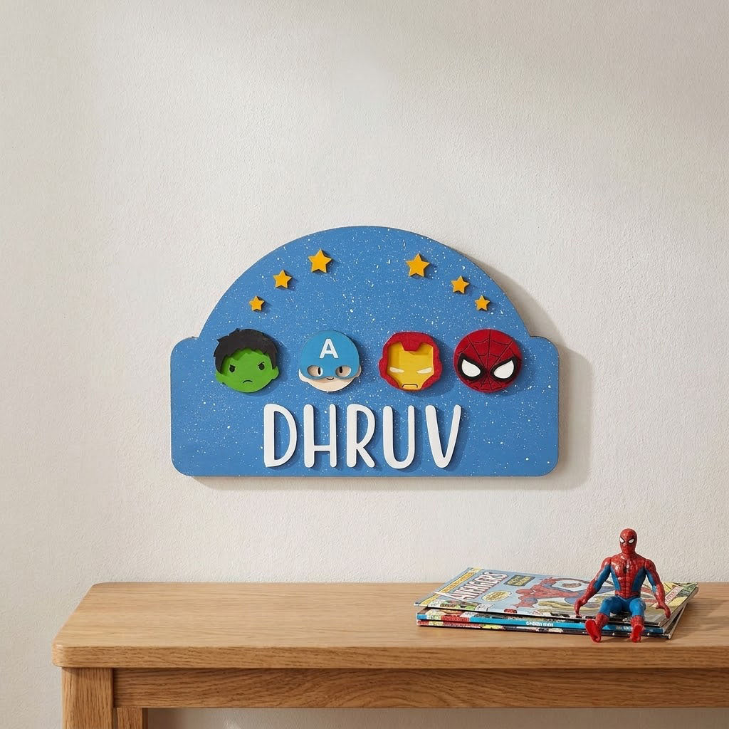 Superheroes Avengers Themed Hand-Painted Wooden Arch-Shaped Kids Name Plate