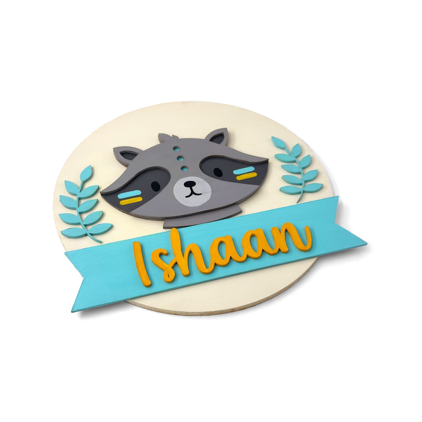 Racoon Themed Hand-Painted Wooden Round Kids Name Plate - Design 1