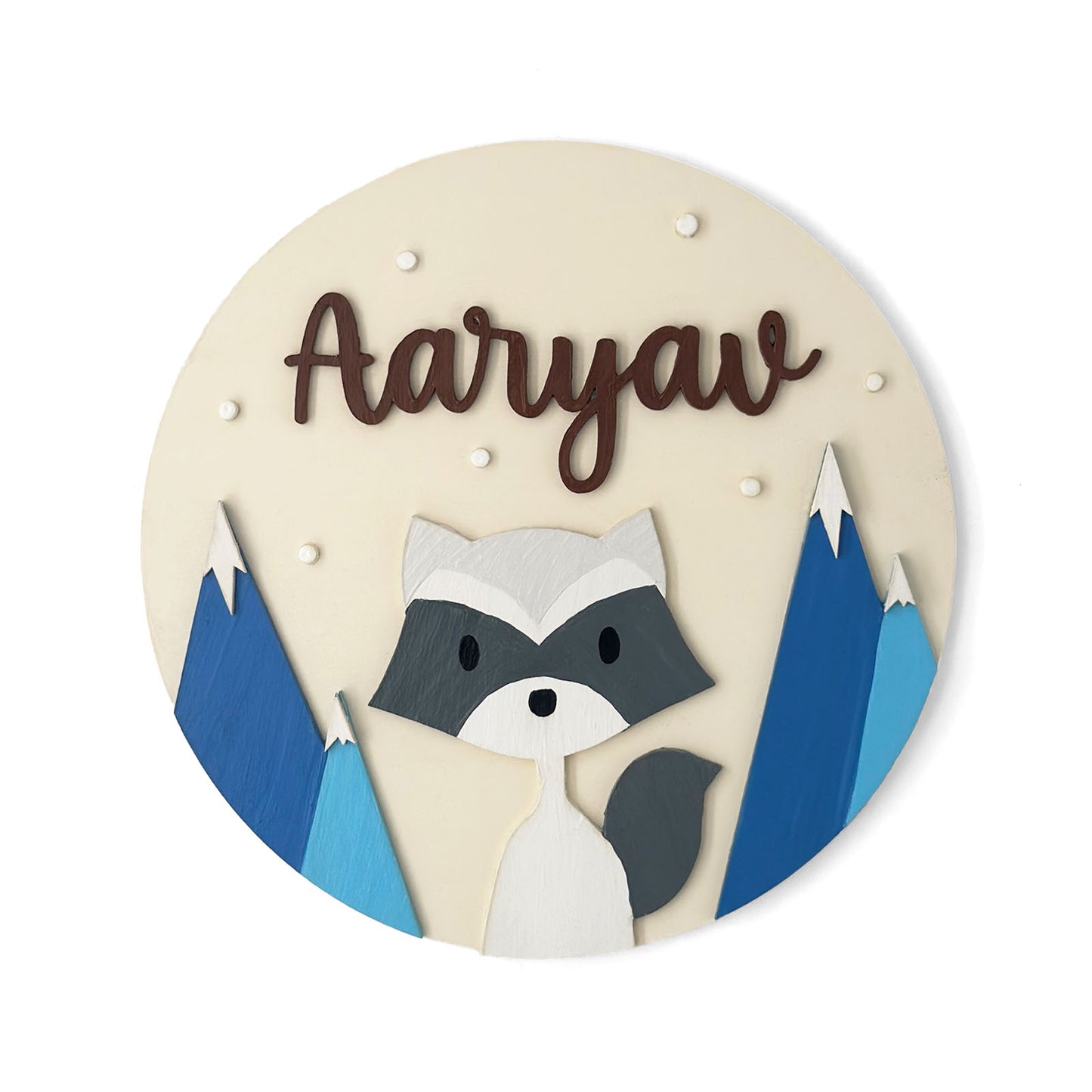 Racoon Themed Hand-Painted Wooden Round Kids Name Plate - Design 2