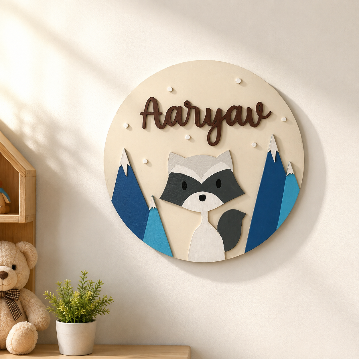 Racoon Themed Hand-Painted Wooden Round Kids Name Plate - Design 2