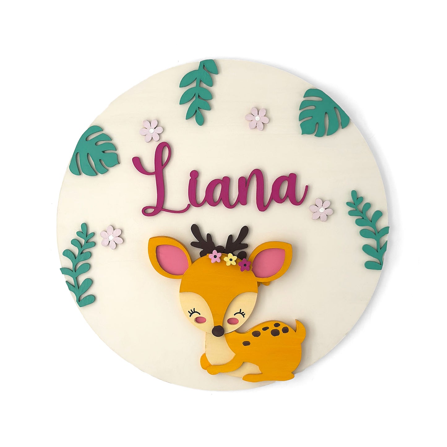 Deer Themed Hand-Painted Wooden Round Kids Name Plate - Design 1