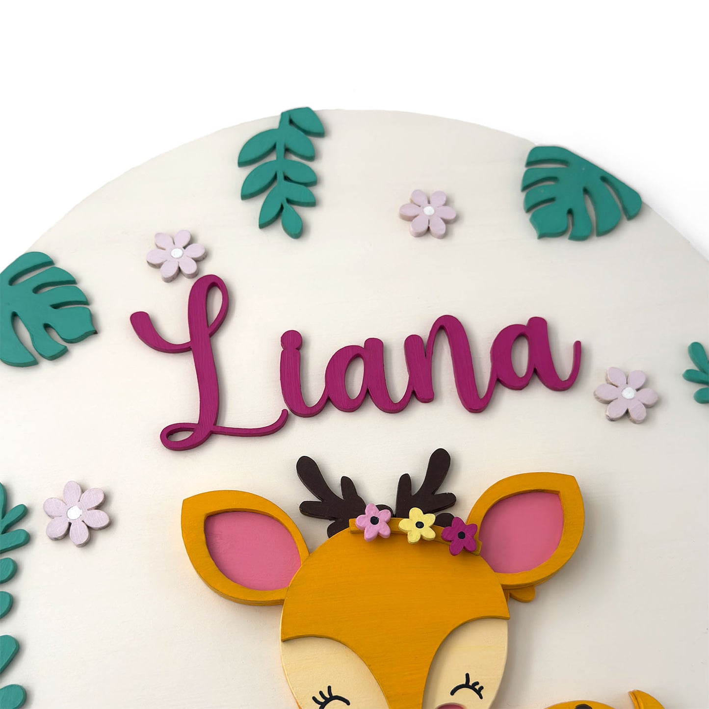 Deer Themed Hand-Painted Wooden Round Kids Name Plate - Design 1