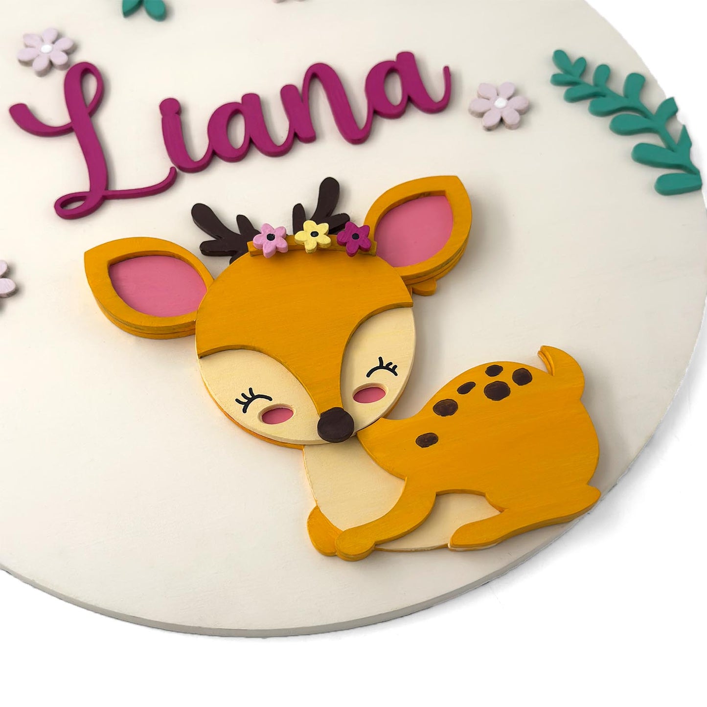 Deer Themed Hand-Painted Wooden Round Kids Name Plate - Design 1