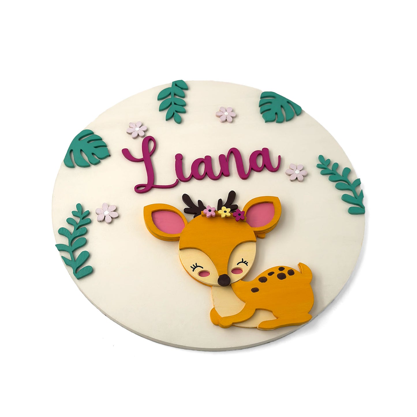 Deer Themed Hand-Painted Wooden Round Kids Name Plate - Design 1