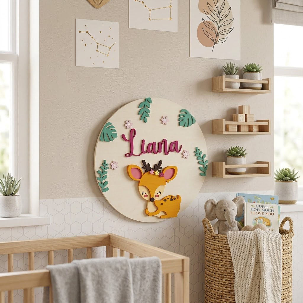 Deer Themed Hand-Painted Wooden Round Kids Name Plate - Design 1