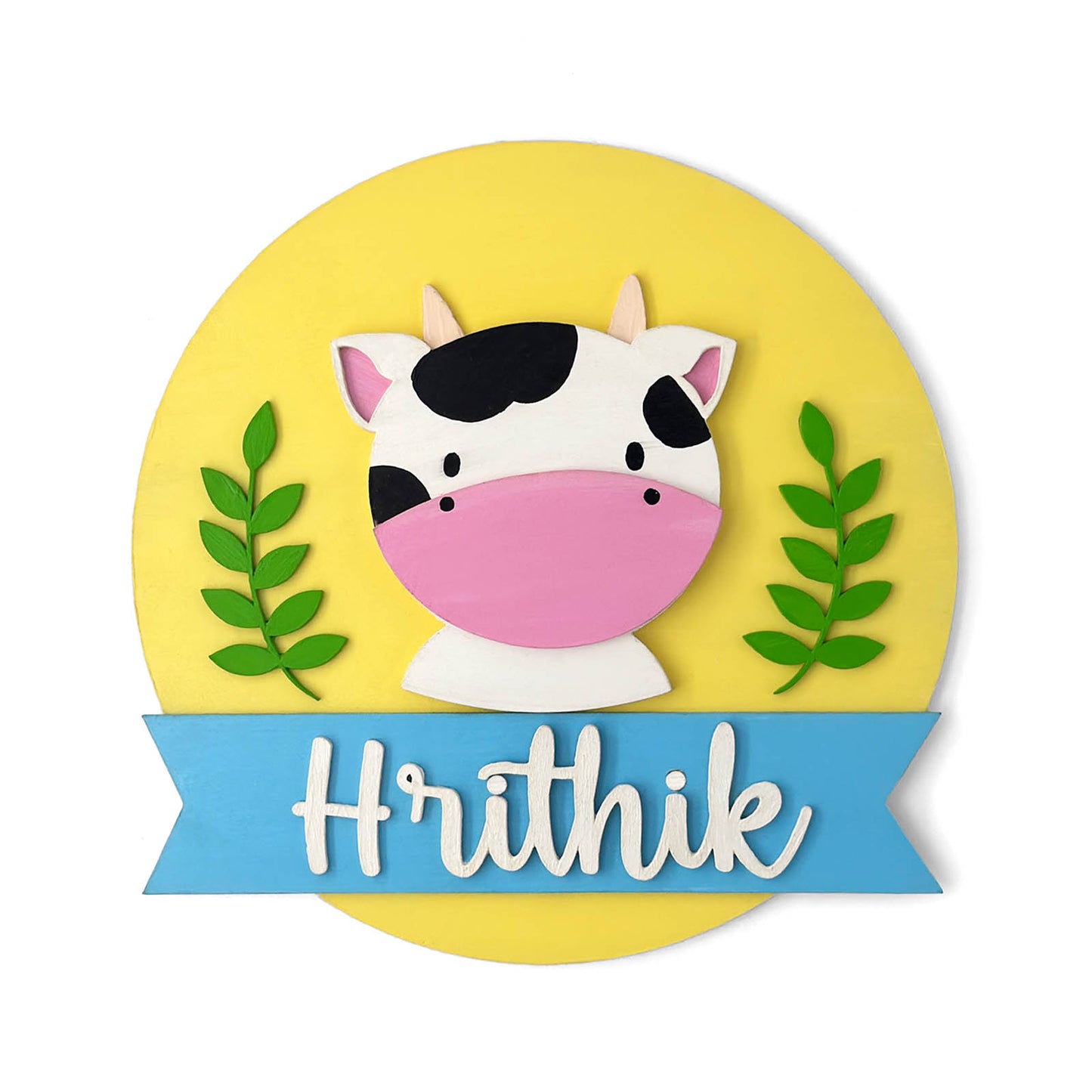 Cow Themed Hand-Painted Wooden Round Kids Name Plate - Design 1