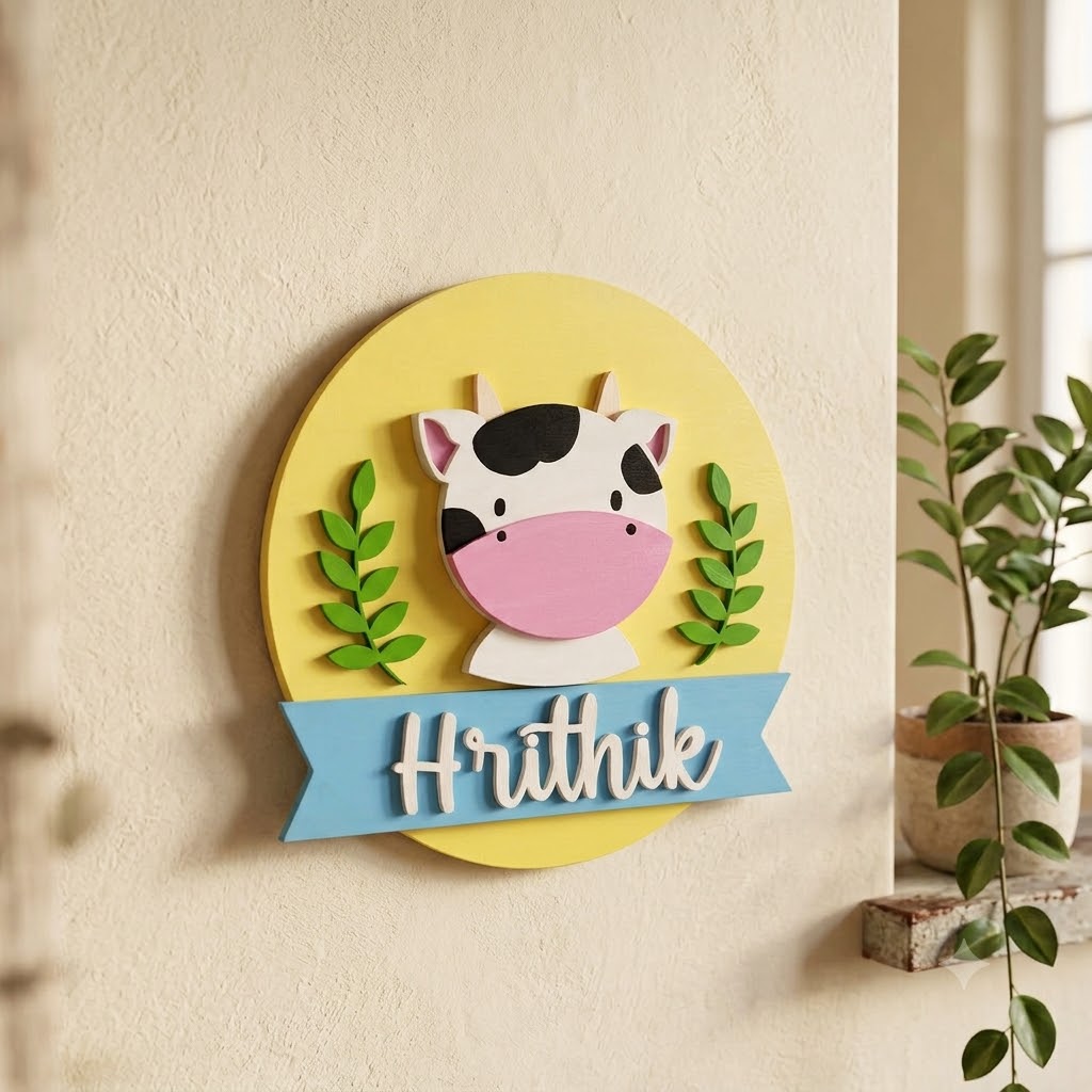 Cow Themed Hand-Painted Wooden Round Kids Name Plate - Design 1
