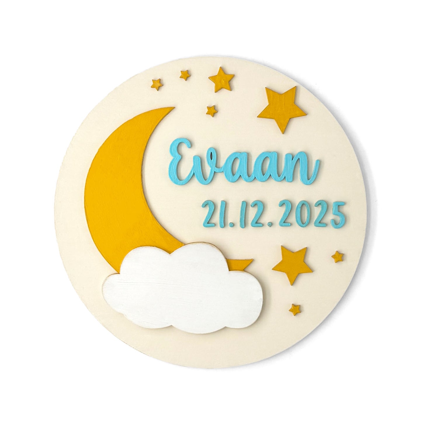 Moon & Stars Themed Hand-Painted Wooden Round Kids Name Plate - Design 1