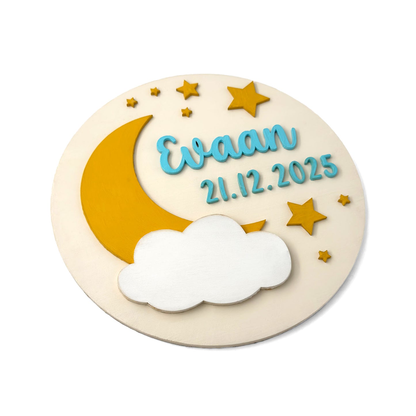 Moon & Stars Themed Hand-Painted Wooden Round Kids Name Plate - Design 1