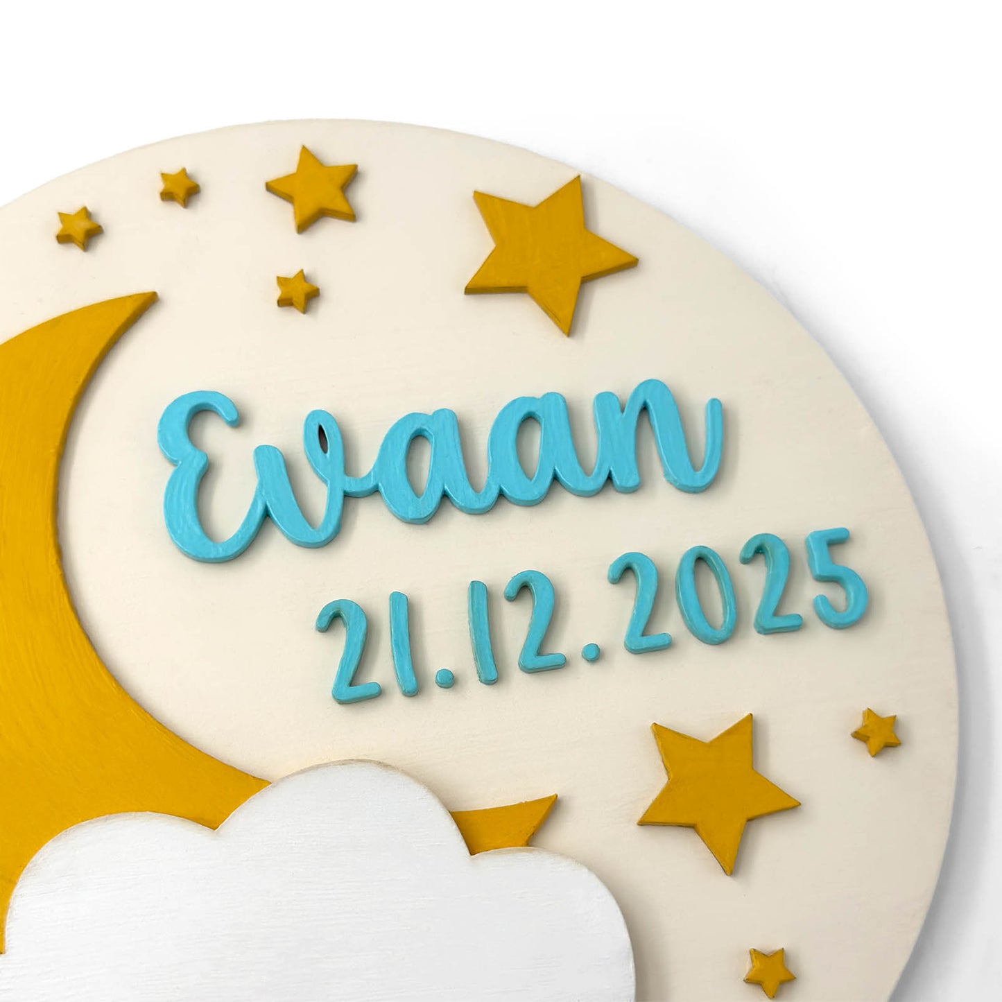 Moon & Stars Themed Hand-Painted Wooden Round Kids Name Plate - Design 1