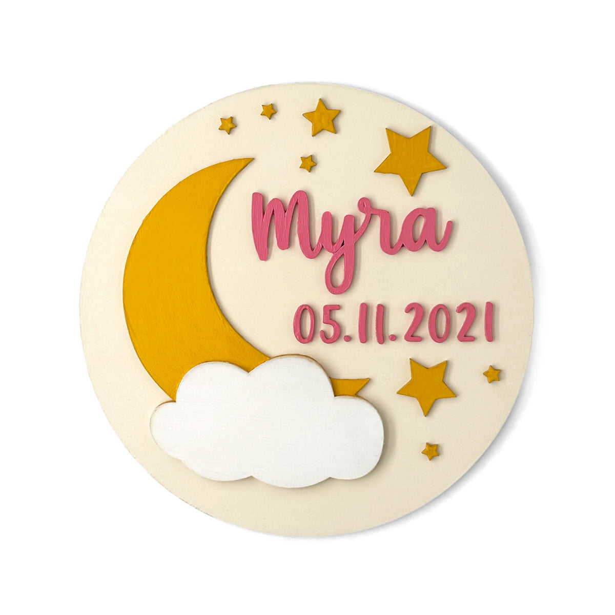 Moon & Stars Themed Hand-Painted Wooden Round Kids Name Plate - Design 2