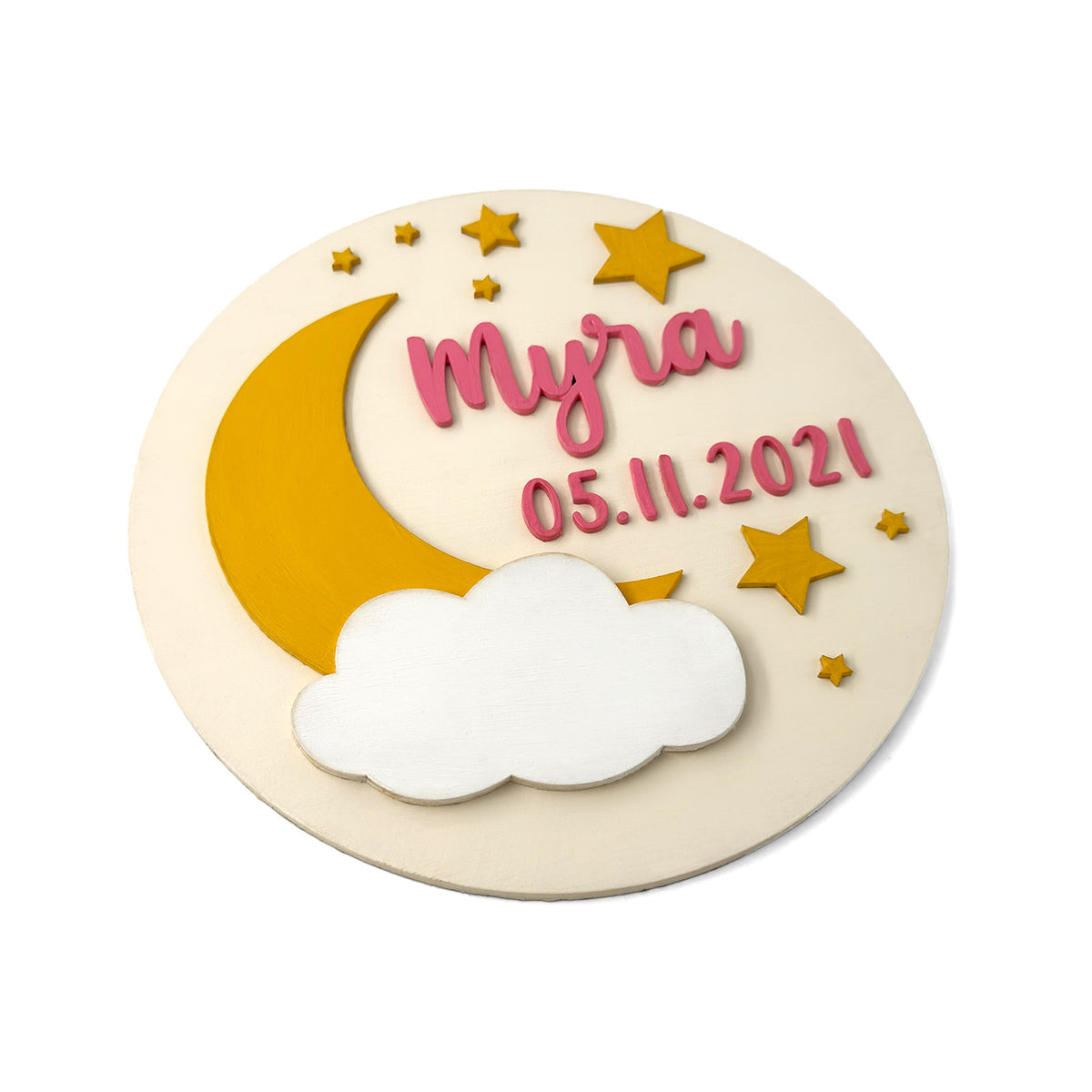 Moon & Stars Themed Hand-Painted Wooden Round Kids Name Plate - Design 2