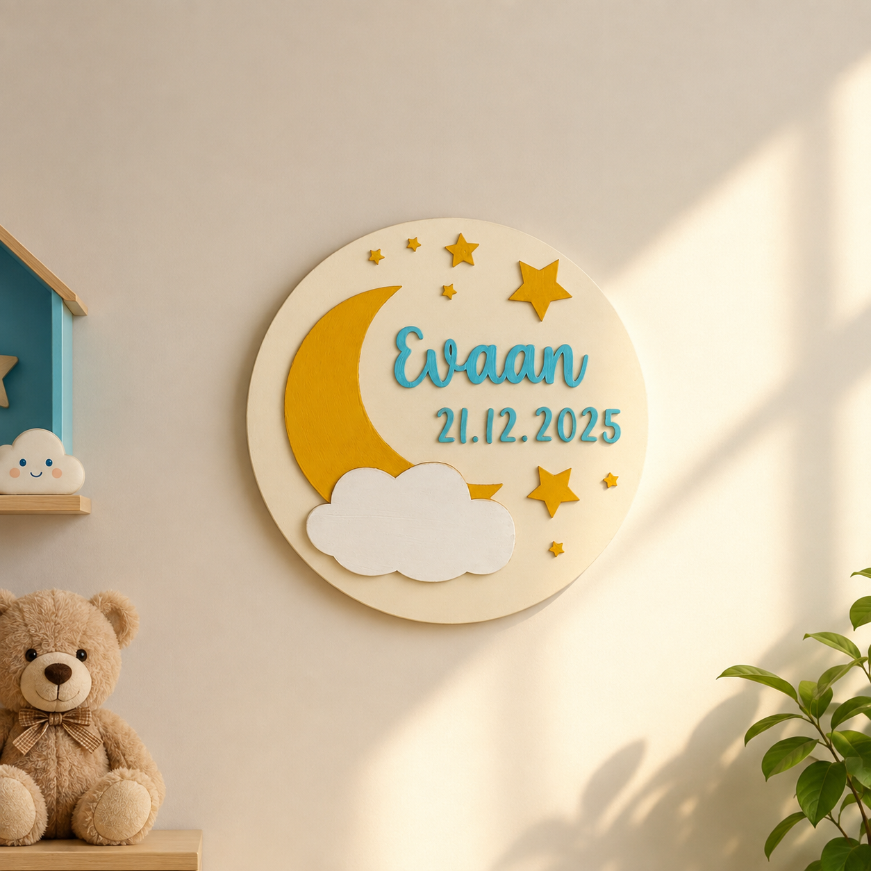 Moon & Stars Themed Hand-Painted Wooden Round Kids Name Plate - Design 1