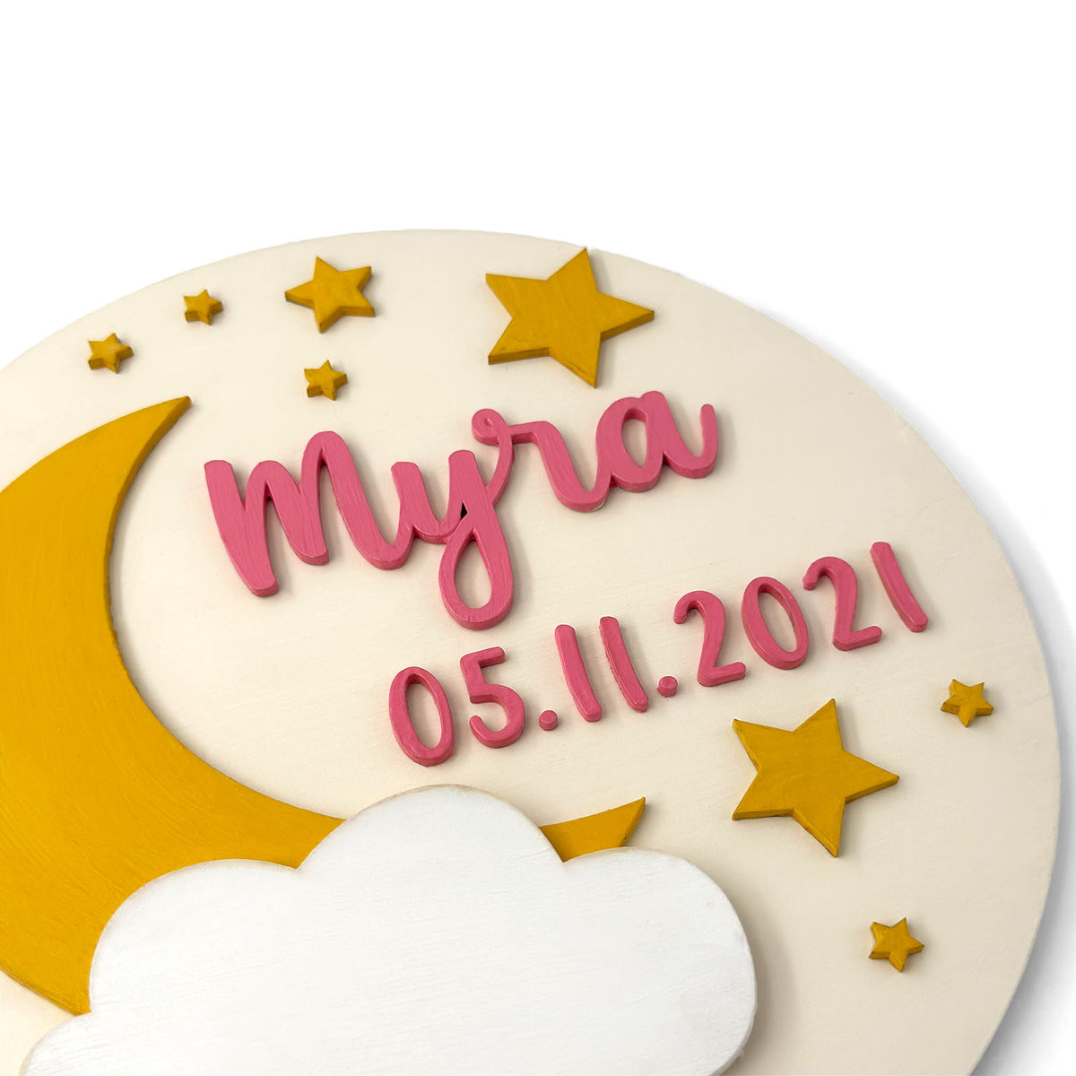 Moon & Stars Themed Hand-Painted Wooden Round Kids Name Plate - Design 2