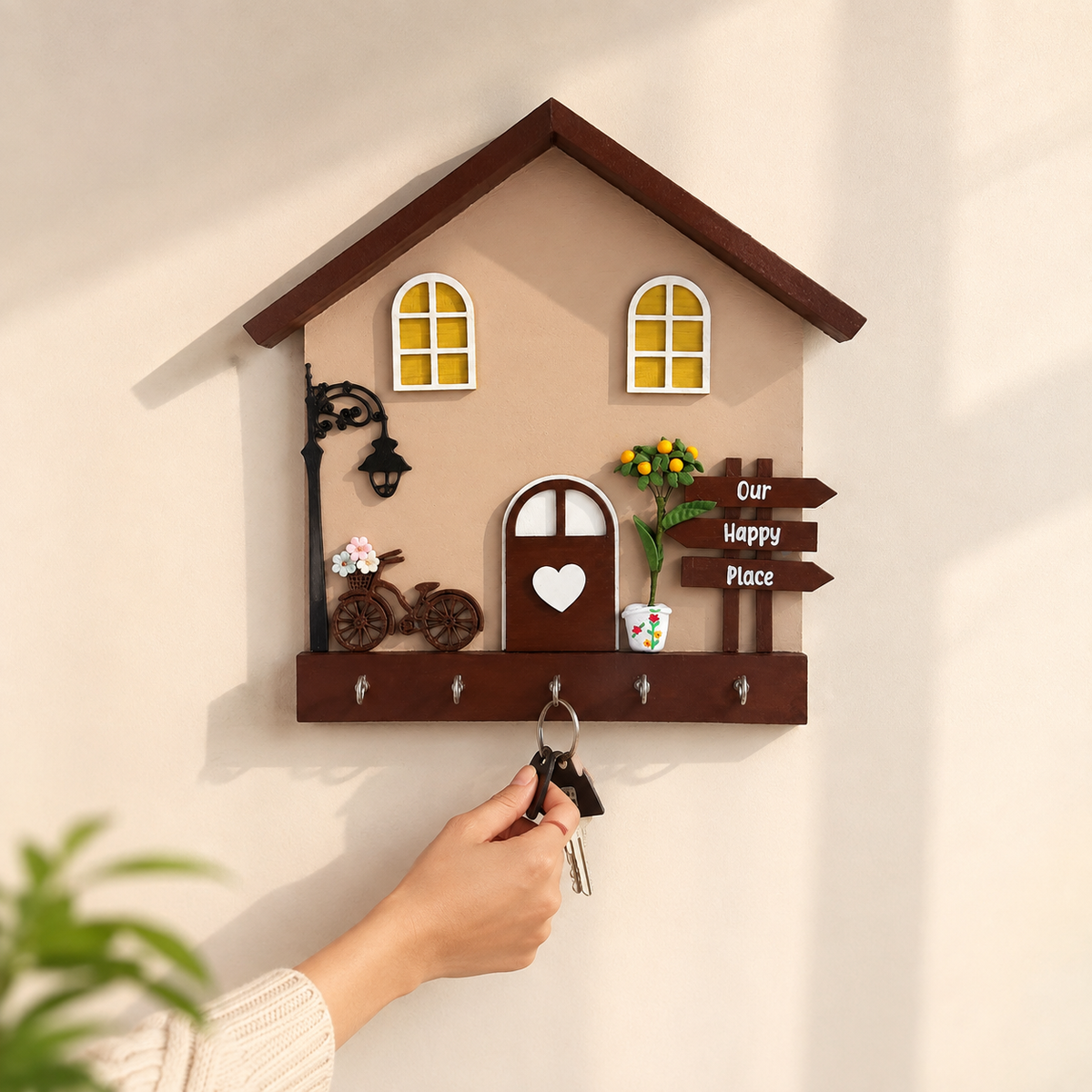 Personalised Hand-Painted Wooden Hut Key Holder - Brown
