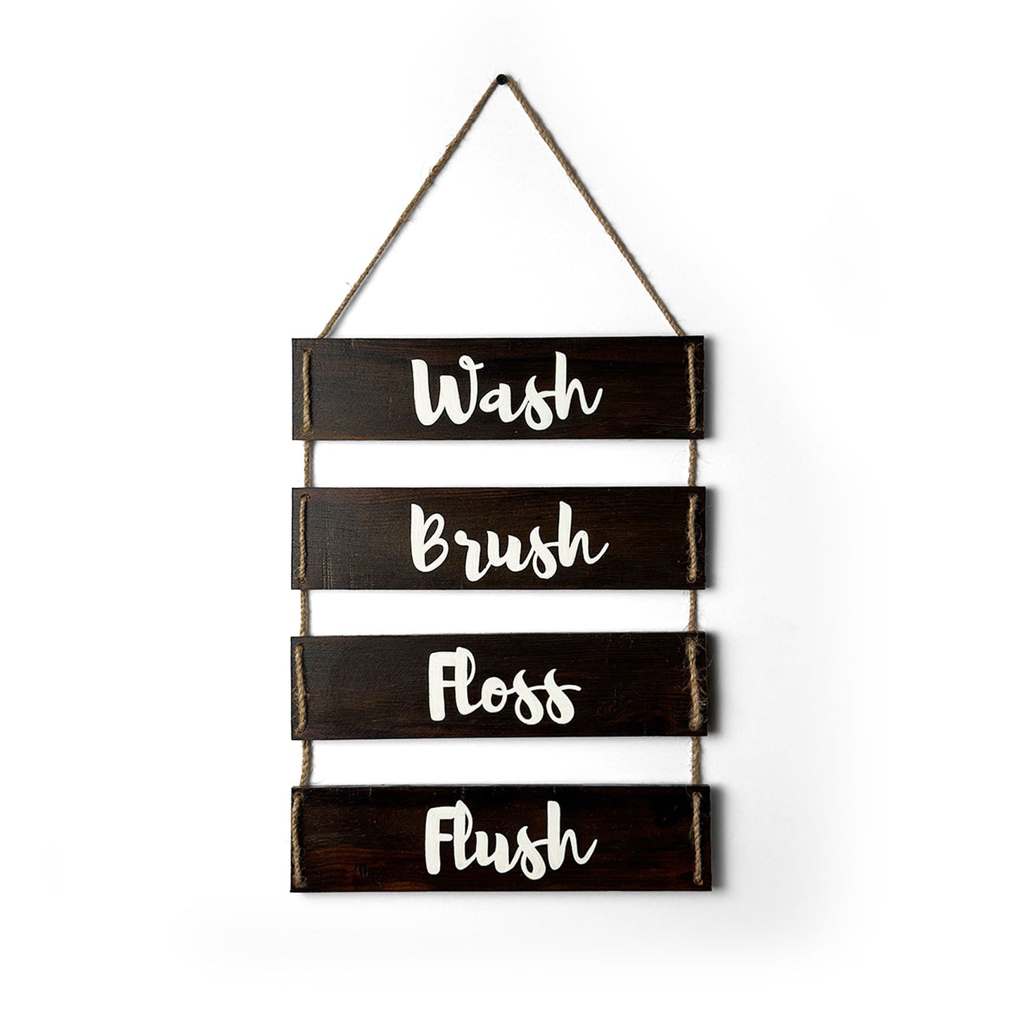 Wash Brush Floss Flush Hand-Painted Wooden Washroom Plank Hanging