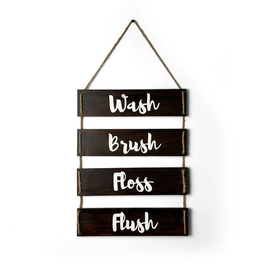 Wash Brush Floss Flush Hand-Painted Wooden Washroom Plank Hanging