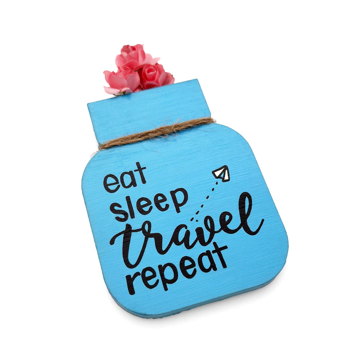 Eat Sleep Travel Repeat Hand-Painted Wooden Mason Jar Fridge Magnet - Light Blue