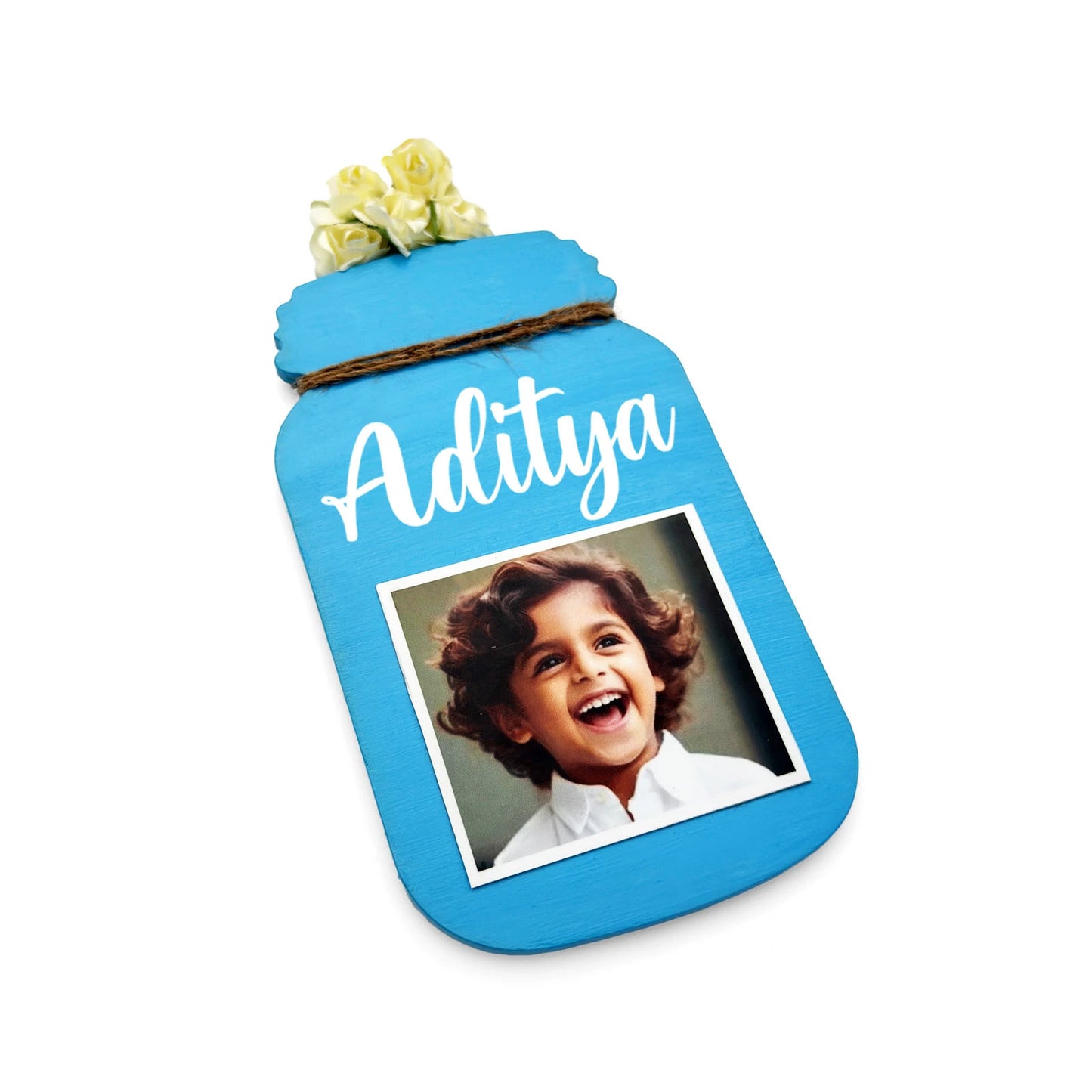 Personalised Hand-Painted Wooden Jar Fridge Magnet With Photo - Blue