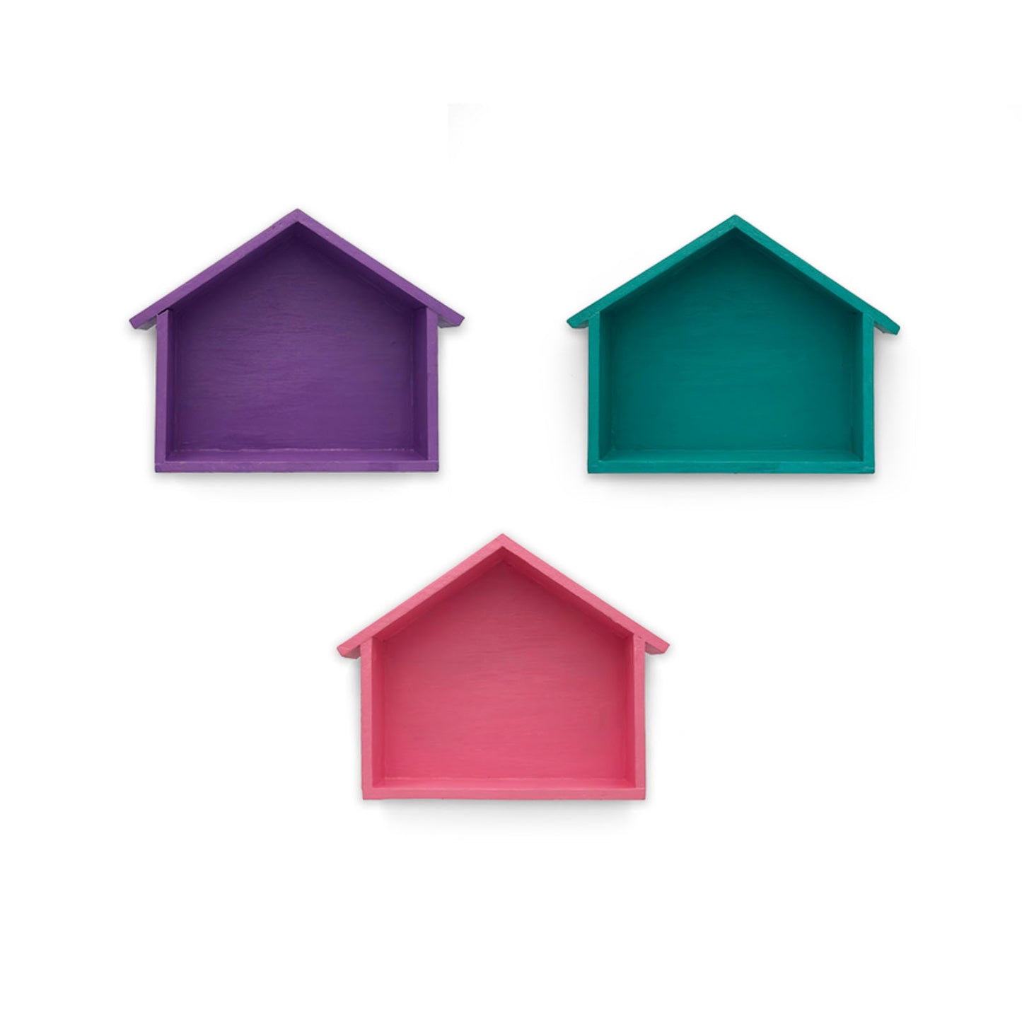 Hut Shaped Hand-Painted Wooden Wall Shelf Combo Of Three - Teal, Pink, & Purple