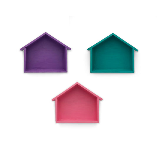 Hut Shaped Hand-Painted Wooden Wall Shelf Combo Of Three - Teal, Pink, & Purple