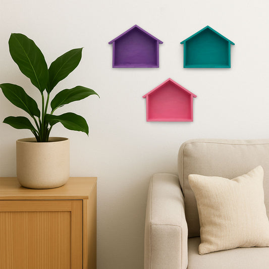 Hut Shaped Hand-Painted Wooden Wall Shelf Combo Of Three - Teal, Pink, & Purple