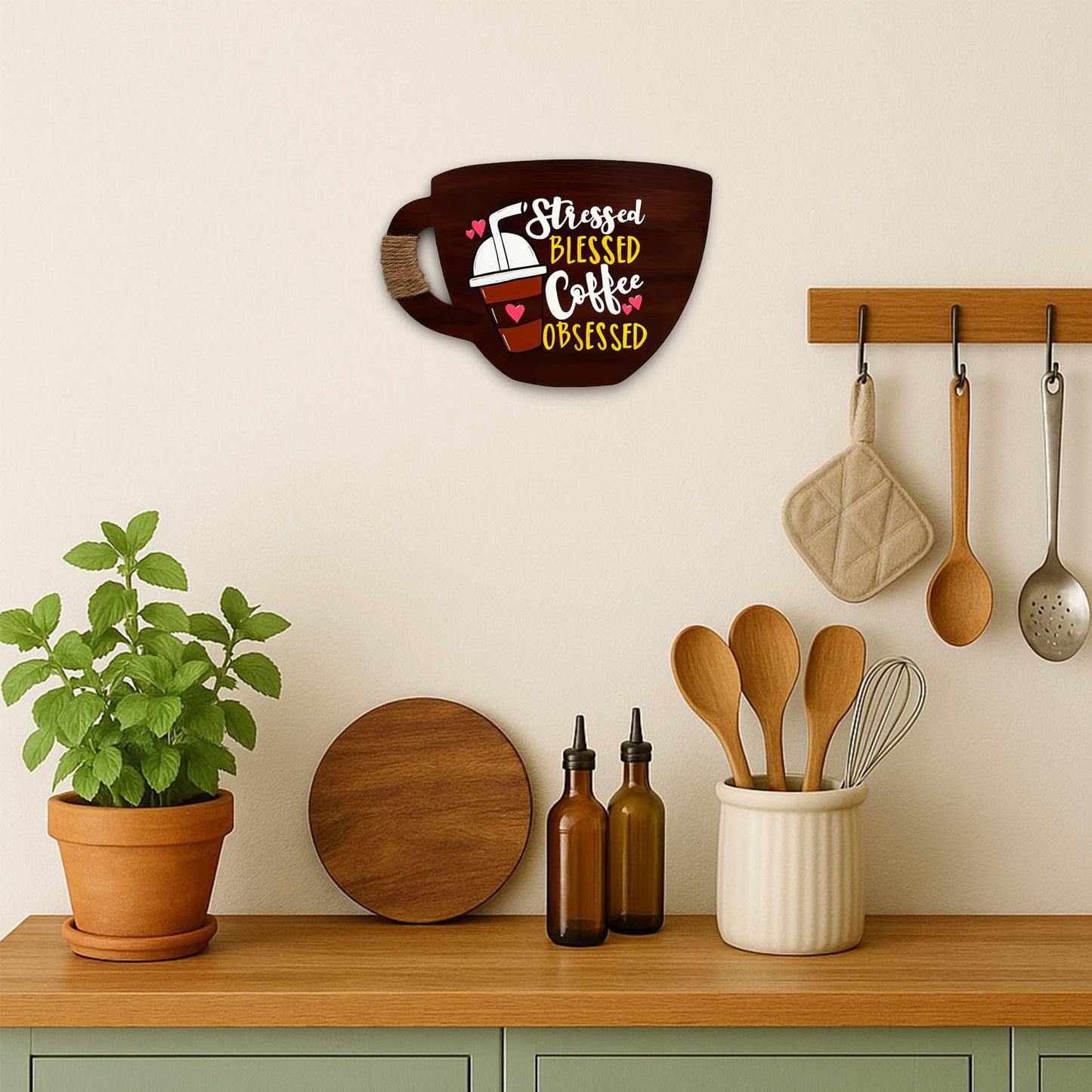Stressed Blessed Coffee Obsessed Hand-Painted Wooden Cup Kitchen Wall Hanging - Dark Brown