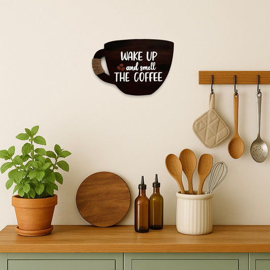 Wake Up And Smell The Coffee Hand-Painted Wooden Cup Kitchen Wall Hanging - Dark Brown