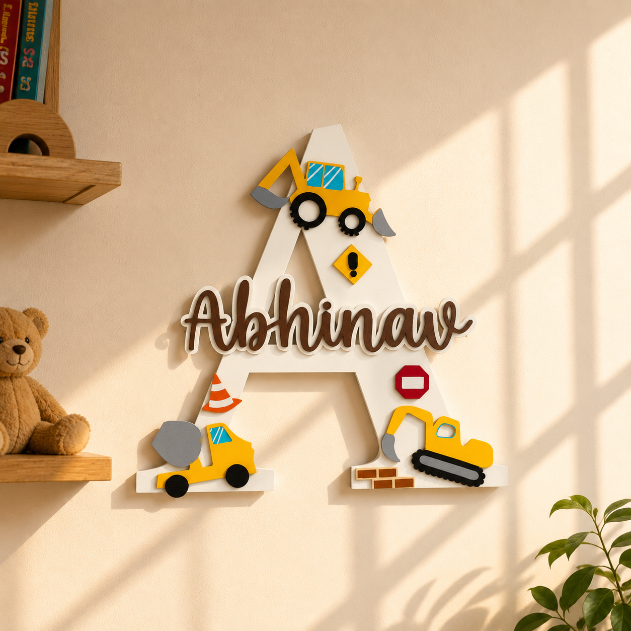 Construction Vehicles Themed Layered Alphabet Initial Hand-Painted Wooden Kids Name Plate Design 1