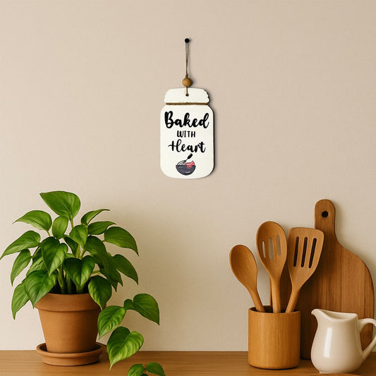 Baked With Heart Hand-Painted Wooden Jar Kitchen Wall Hanging - White