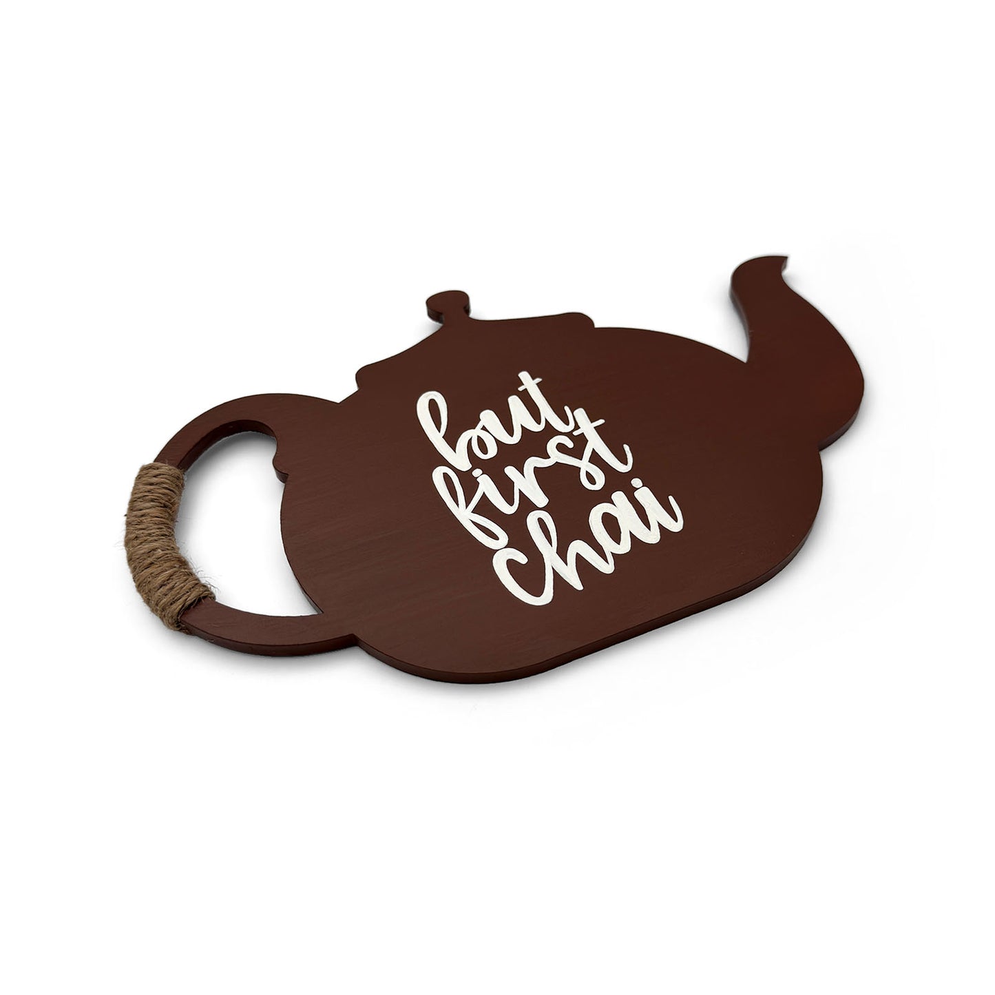 But First Chai Hand-Painted Wooden Kettle Kitchen Wall Hanging - Brown