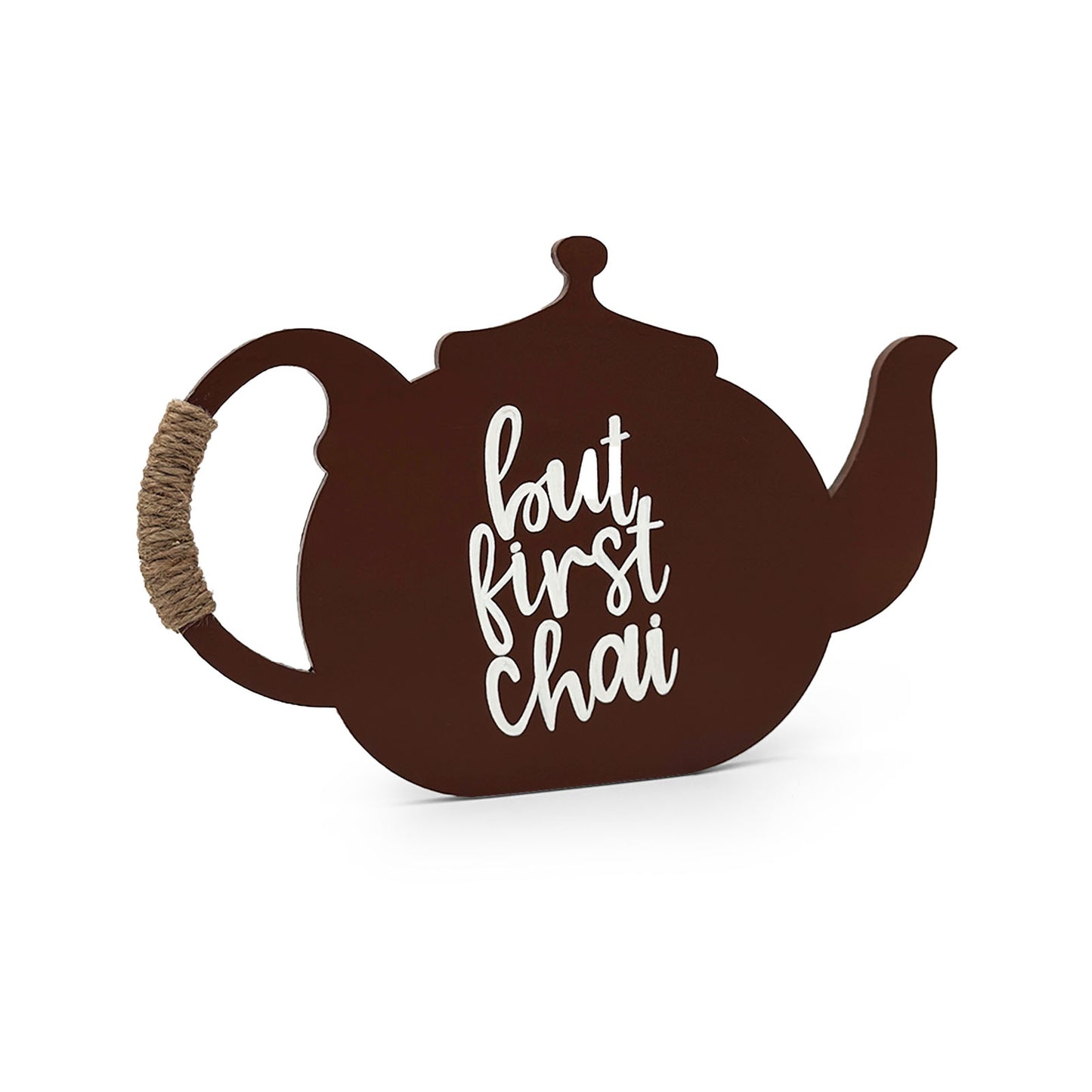 But First Chai Hand-Painted Wooden Kettle Kitchen Wall Hanging - Brown