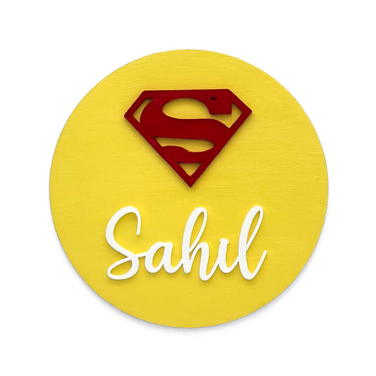 Superman Themed Hand-Painted Wooden Mini Kids Name Plate